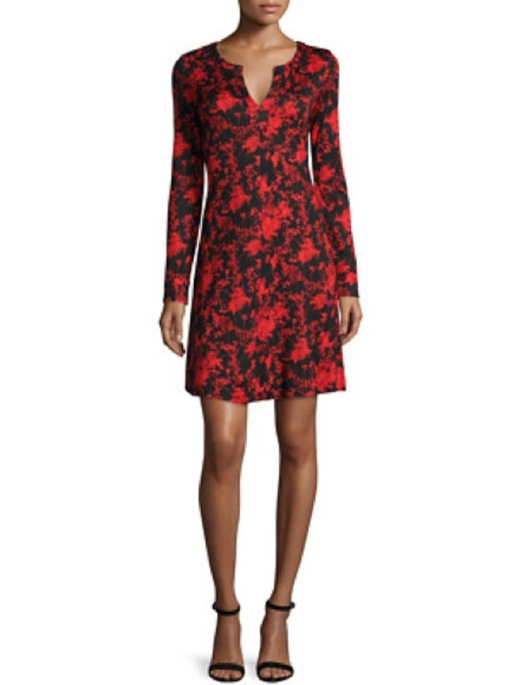 Diane Von Furstenberg Pixie Red and Black Long-Sleeve V-Notch Dress, 2